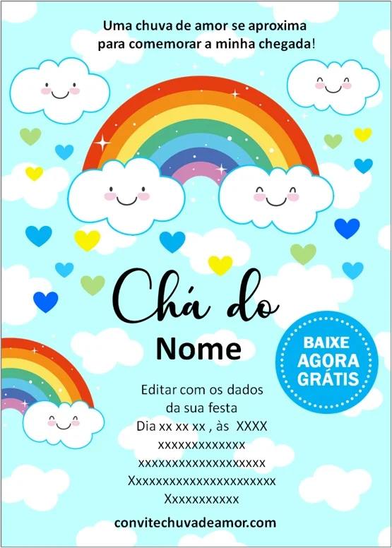 Convite Chuva De Amor Chá Bebê Fralda Digital Nuvem Chuva